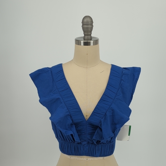 01451 Japna Ruffle V Neck Cropped Top Blue Size Medium bohemian cottagecore - Picture 1 of 6